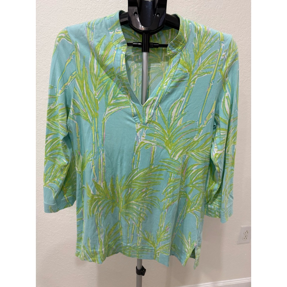 Lilly Pulitzer Joy Top Knit Tunic Big Bam Bamboo Printed Green Blue M Coastal